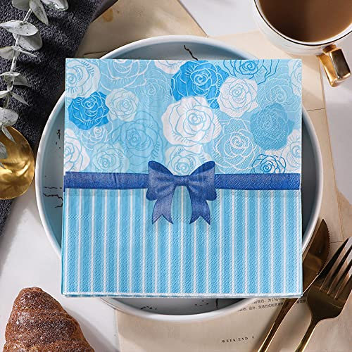 Bodmind 100Pcs Geburtstagsfeier Papierservietten,Mode Schöne Blaue Rose Blumenpflanze,2Ply Einweg-Papier-Party-Servietten Servietten 33Cmx33Cm Ideal Für Decoupage-Handwerk Für Brautparty,Bild,33X33Cm