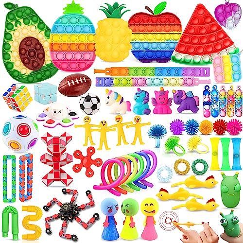 Chennyfun Fidget Sensory Toy Set, 62PCS Jouet Anti-Stress Kit, Pastèque Pomme Kiwi Jouets Anti-Stress Jouet à soulagement du Stress pour Enfants avec Soulagement de l'anxiété,Autisme et TDAH