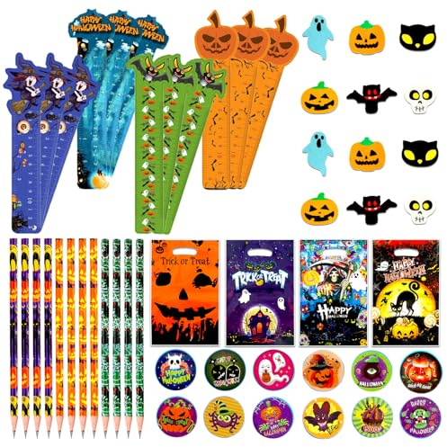 Zoonvii 60 Stück Halloween-Schreibwaren-Sets für Kinder,Halloween Partyspielzeug Mitgebsel Kinder Set,inklusive Bleistifte,Lineale,Aufkleber und Radiergummis usw,Party Mitbringsel für Jungen Mädchen