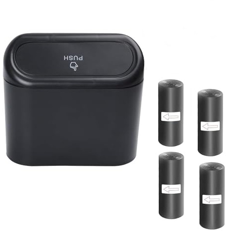 Bote de Basura para Coche,Mini Cubos de Basura para Automóviles Contenedores de Coche con 60 PCS Bolsas de Basura Bote de Basura Portátil Cenicero para Coche con Tapa y Ganchos para Accesorios Coche