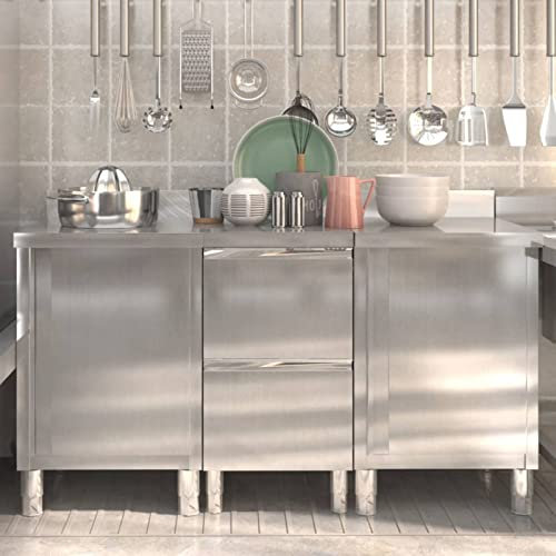 Festnight Commercial Kitchen Cabinets,Kitchen Storage Cupboard, Bathroom Organizer Unit, Work Table for Restaurant Hotel, 3, cabinets + cabinet with 2 drawers