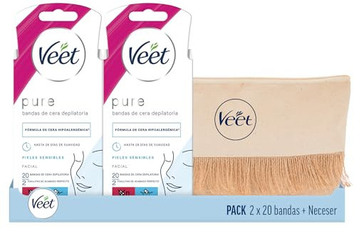 Veet Pure Pack Bandas de Cera Fría Depilatoria para Pieles Sensibles, Depilación Facial, Adecuado para Labio Superior (Bigote), y para Cuerpo, Piernas, Bikini y Axilas, y Neceser de Regalo