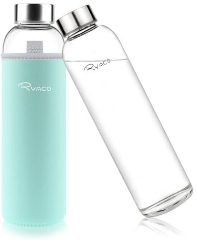 Ryaco Bottiglia d'Acqua 1000 ml/1L, Borraccia Vetro Portatile con Guaina per Bevande Calde e Fredde, Senza BPA, Borraccia in Vetro con Pennello in Spugna, Lavabile in Lavastoviglie
