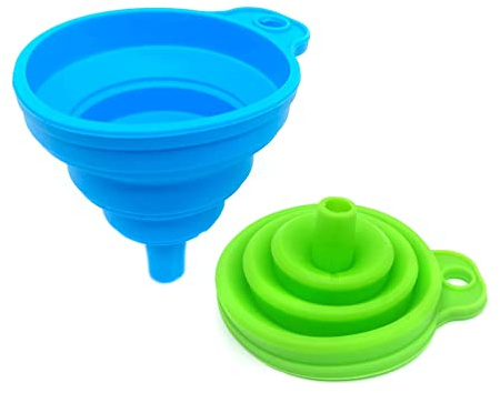 Medsuo 2pcs Portable Collapsible Funnels Silicone Kitchen Gadgets Accessories Foldable Hopper Funnel for Oil Water Powders Liquid Filling Bottles or Containers (Blue and Green)