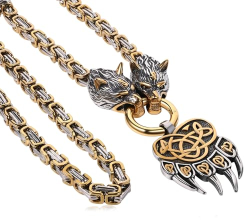 OIDEA Herren Wikinger Halskette mit Königskette: Schwer Punk Rock Wolfskopf Thors Hammer Anhänger Wolf Kopf Odin Bärenklaue Nordisch Viking Schmuck Geschenk für Männer Freund Vater