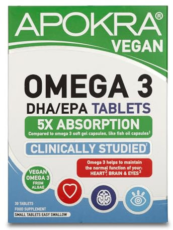 Complemento Omega 3 Vegano DHA & EPA | Aceite de Algas | Absorción 5X > cápsulas de aceite de pescado | Sin carragenina ni metales pesados | Fácil de tragar | 30 comprimidos vainilla | APOKRA