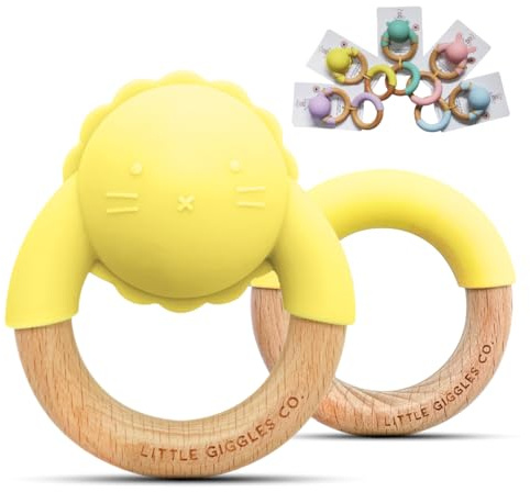 Little Giggles Co.® Teething Toys for New Baby Gifts - Teething Ring & Sensory Rattle, Easy Grip Teethers for Infants, Baby Toys for 4 Months+, Newborn Essentials for Teething Relief (Yellow Lion)