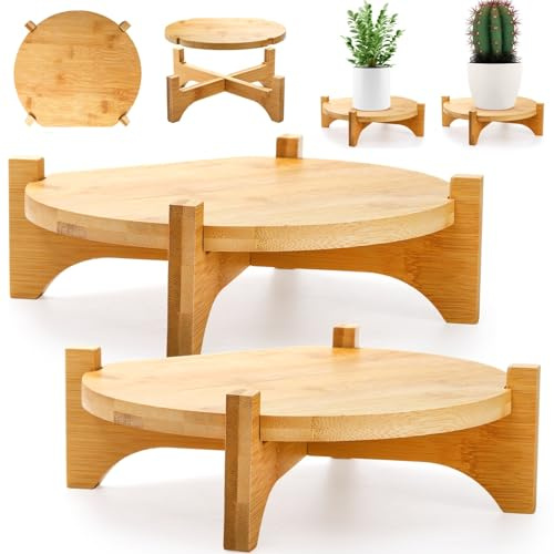 Pumtus 2 Pack Bamboo Plant Stand, Mid Century Modern Planter Stand, Detachable Flower Pot Holder, Sturdy Potted Plant Rack for Indoor Outdoor Garden Home, Short Stand for Elevating Pet Food Bowls