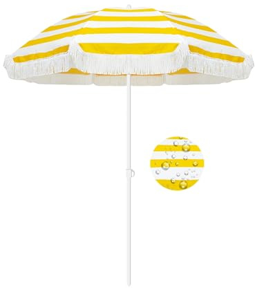 Strandschirm im Boho-Stil, gestreift, mit Fransen, 180 cm, Outdoor-Terrassenschirm, LSF 50+, großer Poolschirm mit Neigung, Terrasse, Tischschirm, verstellbare Höhe, tragbar, Marktschirm, wasserdicht,