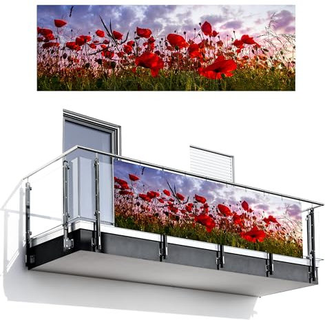 MuchoWow© Balkon Sichtschutz Einseitig 100x300 cm Groß PVC Kunststoff Garten Windschutz ohne Bohren Wetterfest Sichtschutzzaun Terrasse Balkonverkleidung Deko Panorama - farbenfroh - Mohnblumenfeld