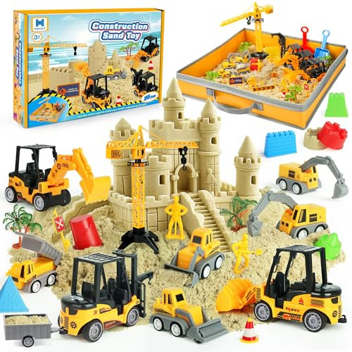Sand Construction Site Kit - 36 Pcs Play Sand Art Kit with 8 Construction Trucks, Folding Sandbox, 2.2 lbs Magic Sand, Crane, Worker, Road Signs, Molds, Shovel - Ideal Toys for Boys Girls Age 3-8