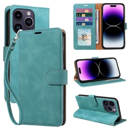 GOTOURED for iPhone 14 Pro Case Wallet, RFID Blocking Card Holder, Green | 4 Card Slots, Wrist Strap, Soft PU Leather Flip Cover, Kickstand, Cash Pocket, Magnetic Closure, TPU Shell Protective