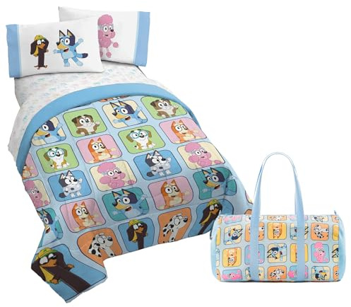 Jay Franco Bluey Twin Size Comforter Set - 4 Piece Bedding Includes Sheet Set, Pillow Covers & Bonus Duffle Bag - Super Soft Kids Bedding with Bingo, Muffin, Coco & Snickers