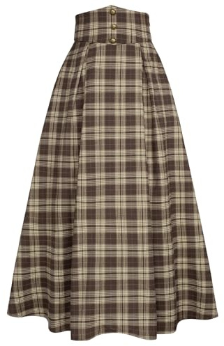 SCARLET DARKNESS Damen Mittelalter Maxirock Hohe Taille Weihnachten Karneval Fasching Party Faltenrock Kaffee Plaid XL