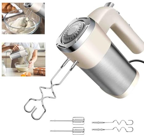 Handrührer Elektrisch-Handrührgerät, 5 StuFen Handmixer, Enthalten 2 Rührbesen, 2 Edelstahl-Knethaken, spülmaschinenfest, für Plätzchenteig, Kuchenteig, Pfannkuchenmischungen| Beige und Versilbert