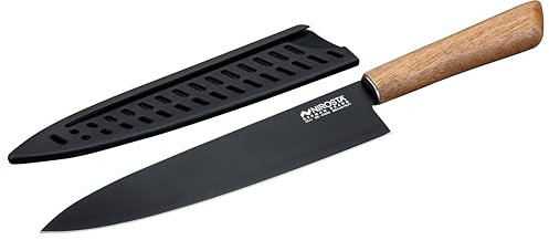 Nirosta Coltello Chef da cucina in acciaio inox, lama con rivestimento antiaderente, manico in acacia 100% FSC, coltello con custodia protettiva, lavare a mano, dimensione 34 cm, Linea Flow