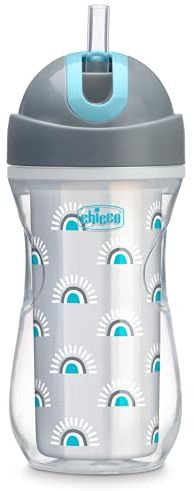 Chicco Tazza termica a doppia parete con cannuccia in silicone e coperchio antigoccia, lavabile in lavastoviglie, facile da tenere con rientranze ergonomiche, colore: argento/blu, 12+ mesi