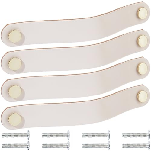 GORGECRAFT 4 Packung 20.2cm Lange Leder Schubladengriffe Schrankgriffe Weiche Küchen Kleiderschrank Türknöpfe Echtes Leder Dekorative Kommodengriffe Mit Schraube Für Möbelschränke (Weißer Rauch)