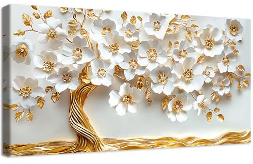 Grande Stampa su tela con Cornice Bianco Oro Floreale Albero Pittura Albero della vita con Foglie d'oro Quadri su tela Quadri Moderni Poster Decorazioni da parete Soggiorno Camera da Letto 50x100cm
