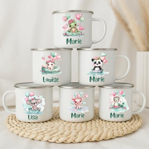 wolga-kreativ Emaille Tasse Tiere Luftballon personalisiert mit Namen - Robuste Kinder Tassen, BPA-frei, Spülmaschinenfest Kinder Becher - Personalisierte Geschenke Baby Zur Taufe, Geburt, Weihnachten