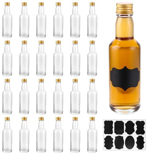 APACALI 24 botellas de cristal de 100 ml, botellas pequeñas para rellenar con tapa, botellas de 100 ml de vidrio para zumo, bebidas, licor, aceite, salsas, jarabes