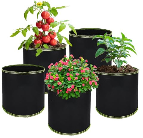 LUMOOM Lot de 5 pots à tomates de 8 l - Sacs de plantation pour pommes de terre - En tissu épais très résistant - Sac de plantation réutilisable - Pour légumes, fraises, fleurs (22 x 20 cm)