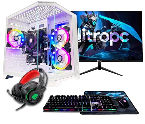 NitroPC - Pack Avancé | PC de Jeu Complet (AMD Ryzen 5 3400G 4/8 4,2 GHz, RX Vega 11, RAM 16 Go, M.2 1 to, Windows 11 Pro, RGB | WiFi, écran 24, Clavier, Souris, écouteurs) PC de Bureau (Blanc)
