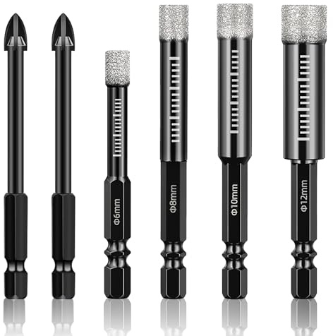 6 Pcs Diamond Drill Bits Porcelain Tile Drill Bit 6/8/10/12mm Hex Shank Diamond Hole Saw Kit Sets Dry Hole Saw Drill Bit for Granite, Ceramic, Marble Stone and Glass