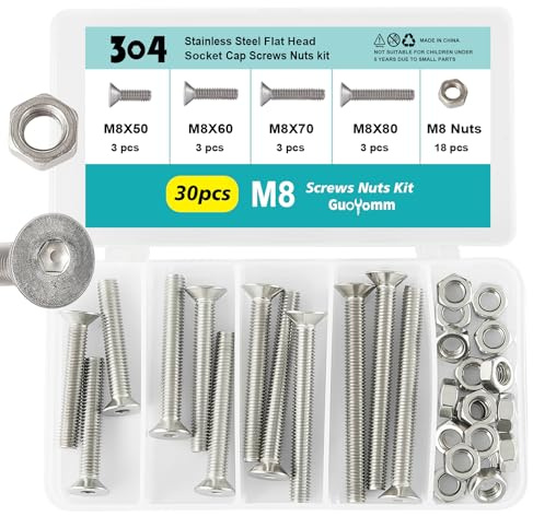 GuoYomm 30 Stück M8 Senkkopfschrauben Edelstahl mit Muttern 304 Schraube abgesenktem Kopf, Senkschraube Rostfrei Silber Innensechskant Schrauben Metrisches Regelgewinde, Längen: 50mm 60mm 70mm 80mm