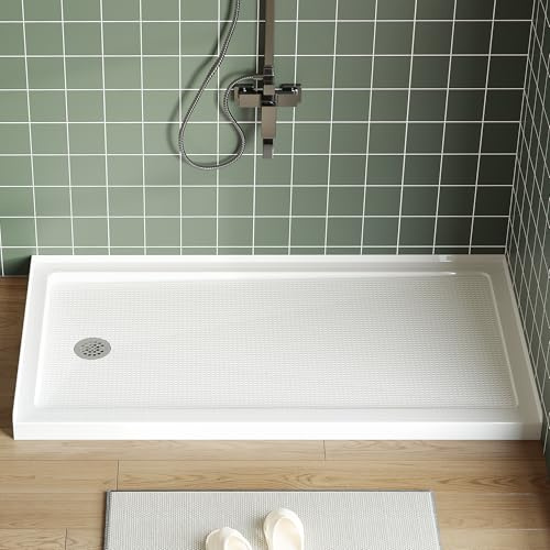 60X32 Inch Shower Base Left Drain - Non-Slip ABS Shower Pan with Single Threshold, White Shower Tray Kit Includes Drain (Easy to Install, Lightweight) for Bathroom Remodel
