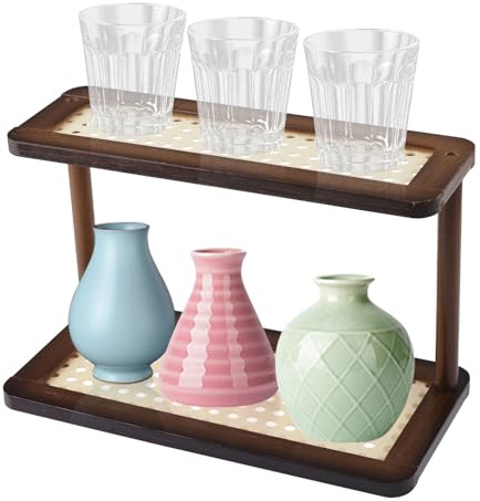 UFURMATE Organizador de estación de café de 2 niveles con aspecto de mimbre, estante de encimera de cocina para té, café, bar, accesorios, soporte para tazas de bambú, estante de almacenamiento de