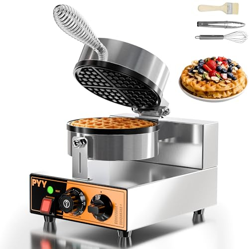 PYY Commercial Waffle Maker - 1300W Non-stick Waffle Iron, 20Pcs/H Stainless Steel Round Belgian Waffle Machine, Time Control and Temperature Adjustable, for Home Kitchen, Breakfast Restaurant