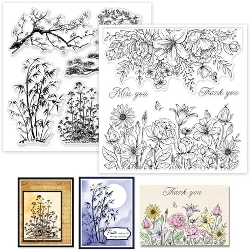 GLOBLELAND 2 Blatt Klarsichtstempel „Blumen Und Bambus“ Für Scrapbooking 5.91x5.91 Zoll Silikonstempel „Bäume Und Pflanzen“ Transparentes Stempelset „Lilien Und Tulpen“ Für Kartenherstellung DIY