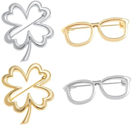 SSyang 4 Pezzi Elegante Spilla, Perle Finte Lega di Spilla, Donna Gioiello Piccola per Fissi Vestiti,per Feste per Evitare che i Vestiti Scivolino Via,Decorazione,Quadrifoglio+Oocchiali(Oro+Argento)