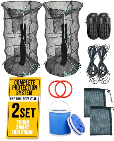 2Set Collapsible Fish Trap, Crawfish Trap, Crab Trap, Foldable Fishing Net with 10 Meter Rope for Freshwater & Saltwater, Bait Trap for Shrimp, Catfish, Lobster Portable Folded Fishing Accessories