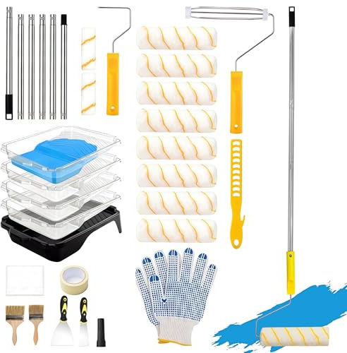 31-teiliges Malerset Farbroller Set mit Teleskopstange von 33-180 cm | Malerrolle mit Farbwanne Handschuhe Pinsel und Vieles Mehr für Wände Decken Möbel Türen, Kompletteste Streichset