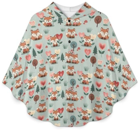 Cartoon Cute Fox Lover Wearable Hooded Blanket Poncho for Women Men Soft Fleece Flannel Throw Cape with 2 Pockets Cozy Plush Wrap Jacket for Home Office Travel Camping Hiking Christmas