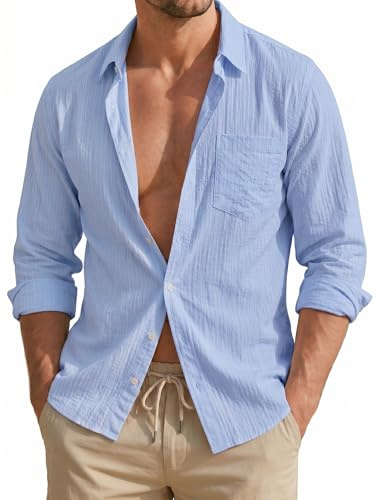 HISDERN Blu Camicia Casual da Uomo a Maniche Lunghe in Puro Cotone L