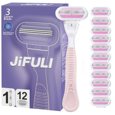 JiFULI Rakapparat för kvinnor, återanvändbart handtag, 12 original reservpatroner med 3 blad, rakapparat damer intim räckvidd intim kvinna intim zon intim rakhyvel för kvinnor (rosa)