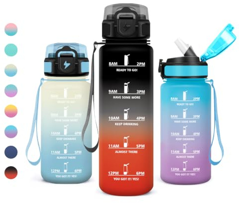 JAPORIA Borraccia con Cannuccia 1L, Borraccia Motivazionale, Senza BPA, Bottiglia Acqua con Scala Temporale, A Prova di Perdite, per Palestra, Outdoor, Viaggi, Sport