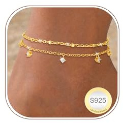 Fußkettchen für Damen Geschichtet Einstellbar Wasserdicht Strand Fußkette | 925 Silber Gold Verstellbare Boho Sommer Mehrreihige Herz CZ Perlen Seil Link Fussketten Set Fußschmuck Geschenk für Frauen