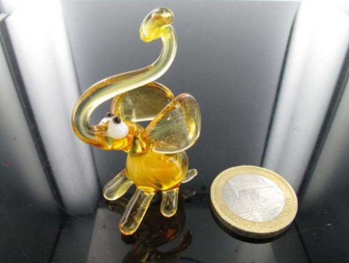 Elefant Mini 5 Gelb - Glastier-k-3 - Miniatur Figur Gelber Elephant - Deko Setzkasten Vitrine