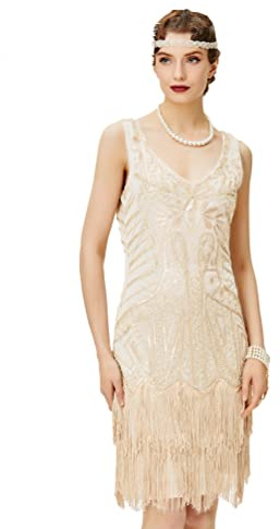 BABEYOND Damen Retro 1920er Stil Flapper Kleider mit Zwei Schichten Troddel V Ausschnitt Great Gatsby Motto Party Kostüm Kleider