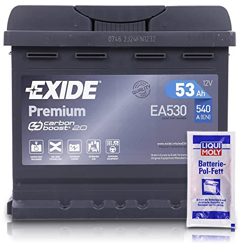 EXIDE EA530 Premium Carbon Boost Autobatterie 12V 53Ah 540A Starterbatterie PKW KFZ Batterie - Ersetzt 45 46 47 48 50 Ah + 1x Batteriepolfett