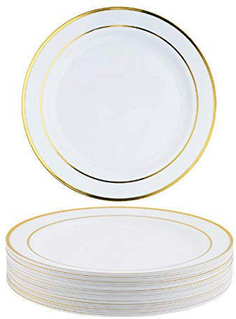 MATANA 25 Premium White Plastic Dessert Plates with Gold Rim (19cm / 7 Inch) – Elegant & Reusable Side Plates for Weddings, Birthdays, Picnic, BBQ, Parties & Events