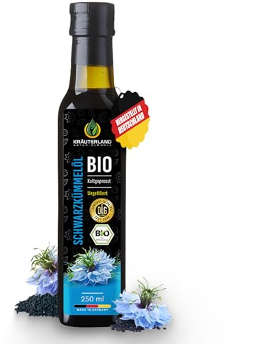 Kräuterland Bio Schwarzkümmelöl kaltgepresst ungefiltert 250ml Glasflasche | 100% Nigella Sativa, hoher Thymochinongehalt, ohne Konservierungsstoffe & Aromen, nativ, vegan, mühlenfrisch & unraffiniert
