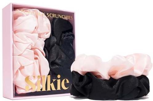 SILKIE 2Set 100% reine Maulbeerseide cremefarben kaffeefarben Schwarz große übergroße Scrunchies Seidenbeutel Haarbänder Gummibänder Haarpflege Premium-Pferdeschwanzhalter keine Beschädigung (Classic)