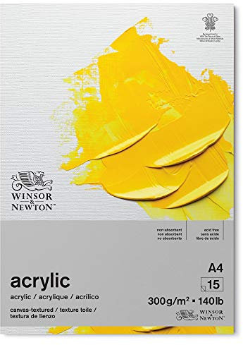 Winsor & Newton 6534005 Acrylpapier im Block - 15 Blatt mit Leinwandstruktur DIN A4 , 300g/m², Säurefrei, ohne optische Aufheller, Alterungsbeständig für Acrylfarbe und Medien, Weiß