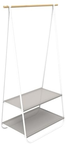 Box and beyond - Portant à Vêtements - 95 x 55 x 171 cm - Bois Naturel, Métal Blanc et Tissu Beige - Étagères - Portant, Porte-Manteaux - Manteaux, Chaussures - Entrée, Chambre - Style Moderne