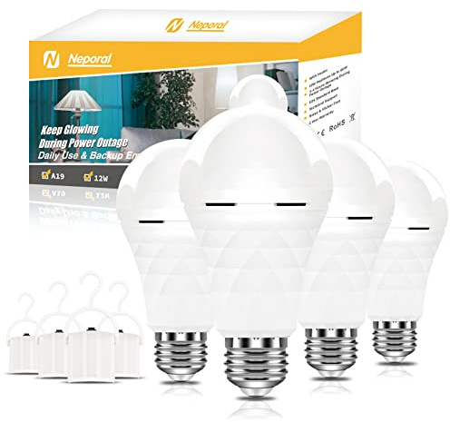 Neporal A19 Rechargeable Light Bulbs Emergency Light Bulb for Power Outages, Led Bulb 60 Watt Equiv., Self-Charging Light Bulb 1200mAh Battery Backup Light Bulbs for Daily, Emergency Use (Daylight)